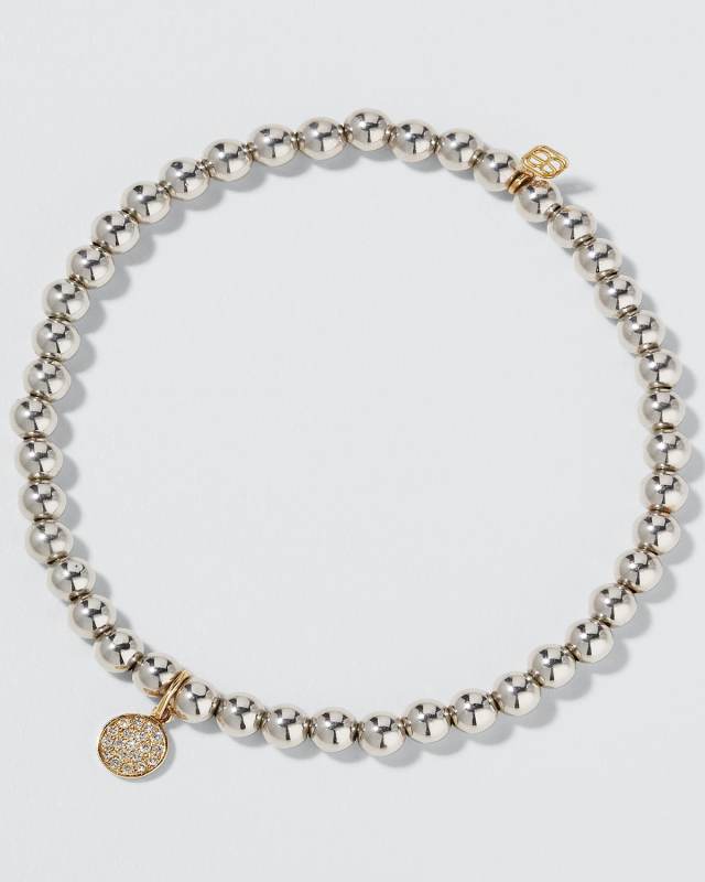 14k White Gold Bead Bracelet with Diamond Disc